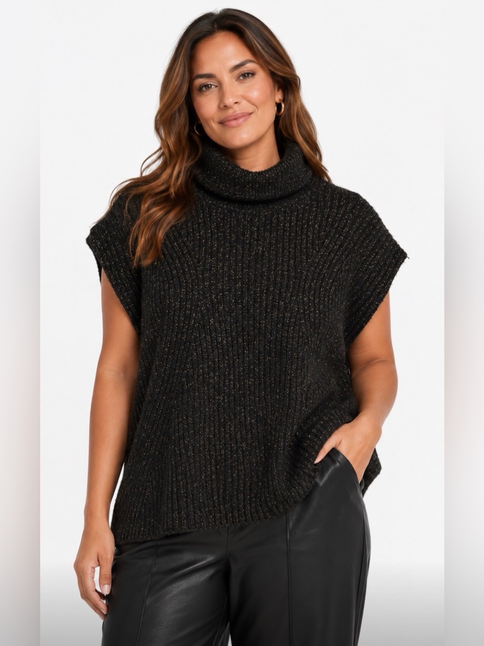 Nation LTD turtleneck Sleeveless Ribbed Sweater in Black with gold Metallic